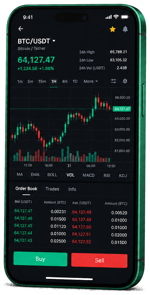 Écran mobile de trading Bayan Capital — prix BTC/USDT en direct, carnet d’ordres et outils de passage d’ordres